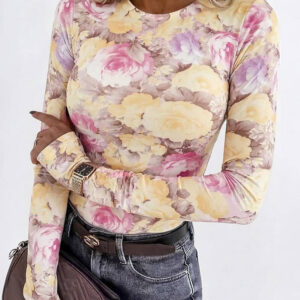 Women's Floral Print Long Sleeve Top Slim Fit Crewneck Tee Casual Stretchy Base Layer Top with Thumb Holes