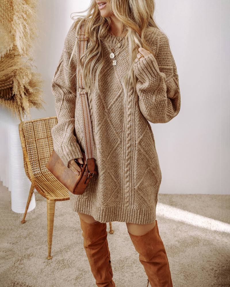 Round Neck Long Sleeve Drop Shoulder Pullover Sweater Casual Loose Fit Cable Knit Mid Length Sweater - Image 4