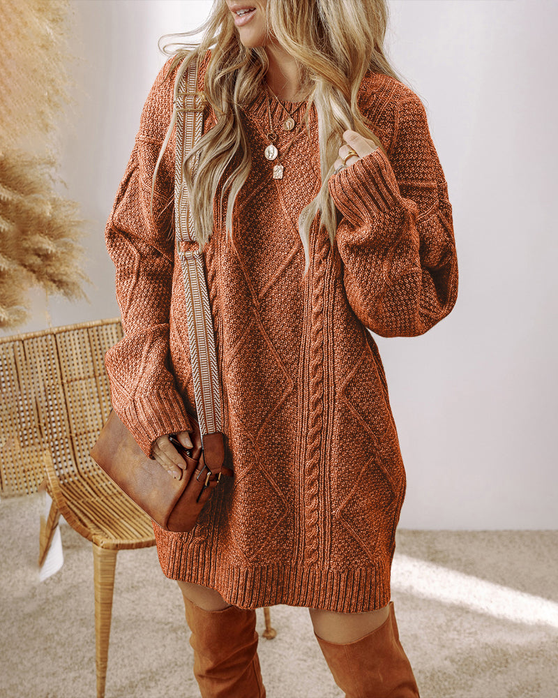 Round Neck Long Sleeve Drop Shoulder Pullover Sweater Casual Loose Fit Cable Knit Mid Length Sweater - Image 18
