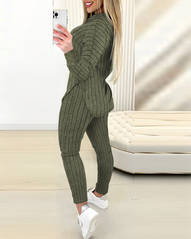 2 Pieces Outfit Drop Shoulder Lace Cuffs Asymmetrical Hem Drawstring Hoodie Top and Elastic Waist Slim Fit Pants Set Casual Brushed Ribbed Set - Image 3