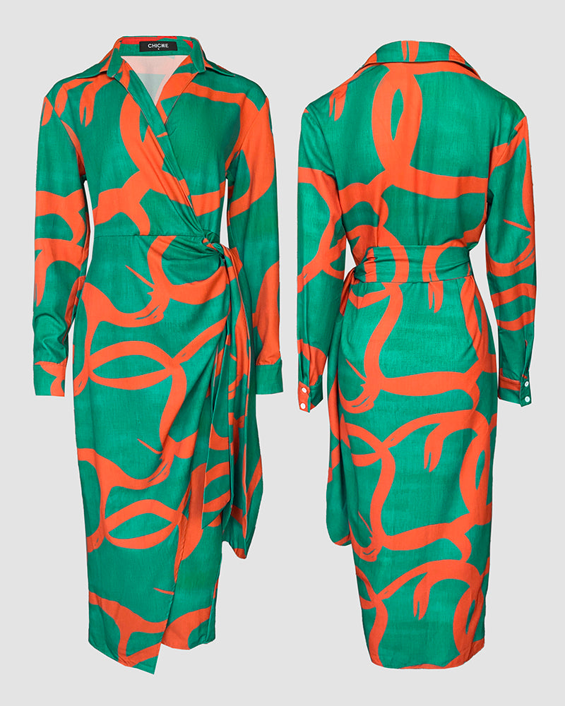 Abstract Print Turn-down Collar Tied Detail Ruched Dress Casual Wrap Front Vacation Dress - Image 5