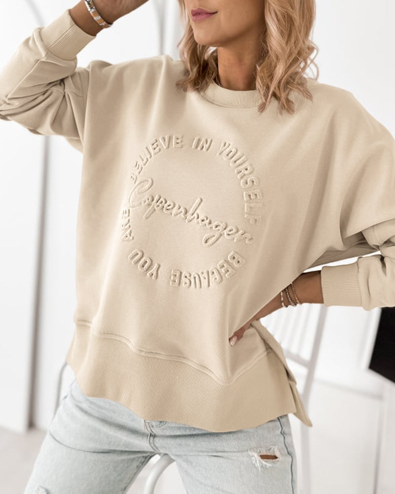 Women's Loose Crewneck Sweatshirt Embossed Letter Print Pullover Top Casual Side Slit Top - Image 6