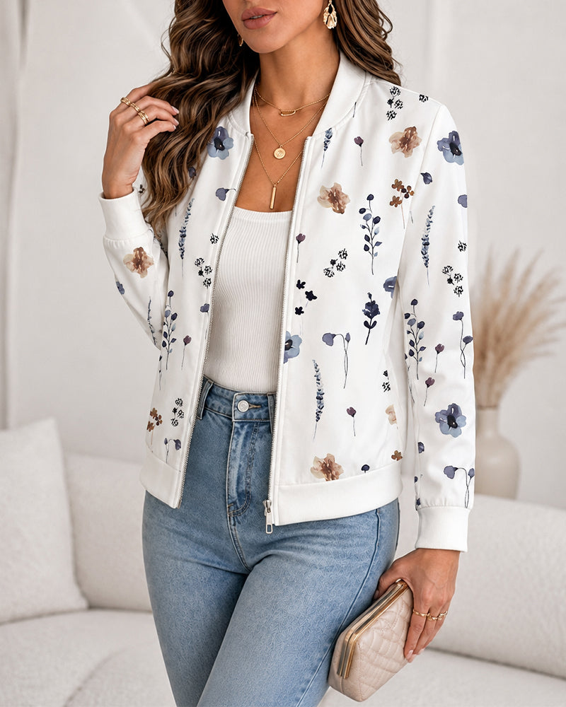 Women's Floral Print Bomber Jacket Casual Zip Up Long Sleeve Outerwear - Image 4