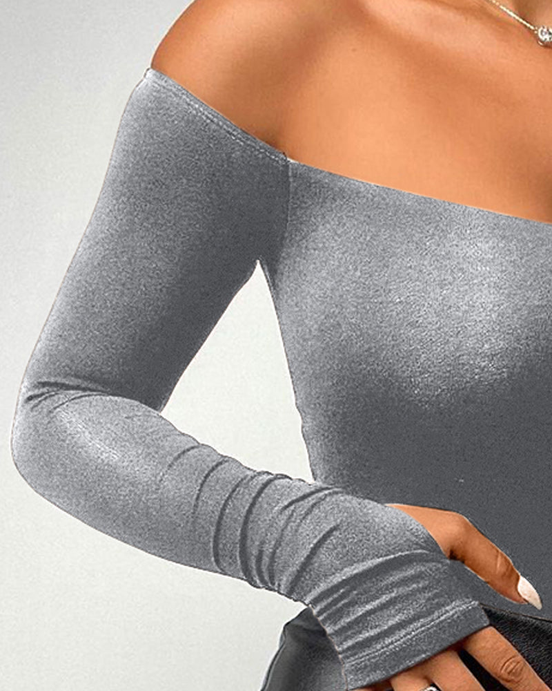Off Shoulder Long Sleeve Skinny Casual Top - Image 24