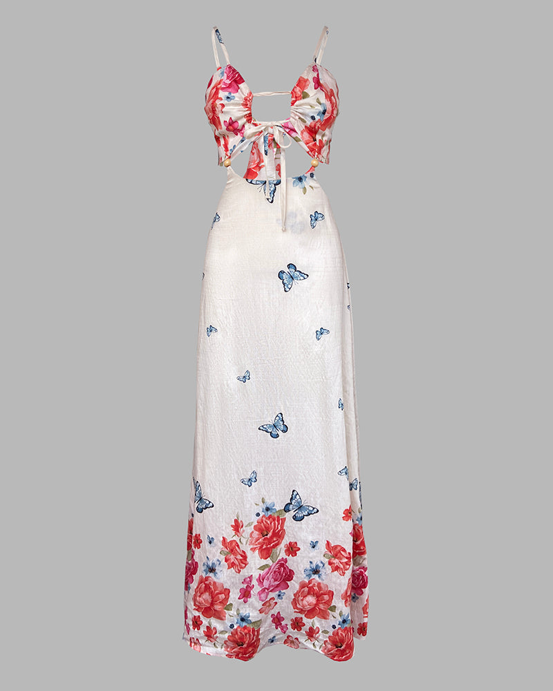 Women's Floral Butterfly Print Maxi Dress Backless Cutout Cami Sundress Ruched Tied Detail Flowy Vacation Dress - Image 4