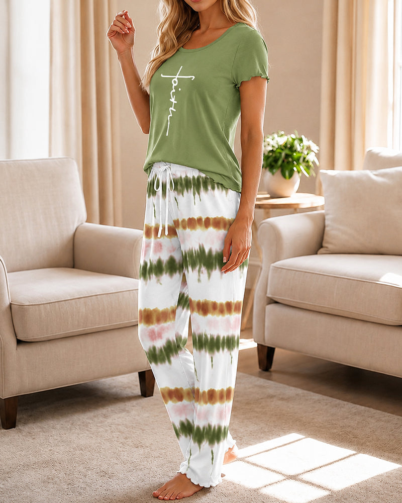 Women's Two Piece Pajama Set Faith Letter Print Short Sleeve Top and Tie Dye Straight Leg Pants Casual Lounge Set - Image 3