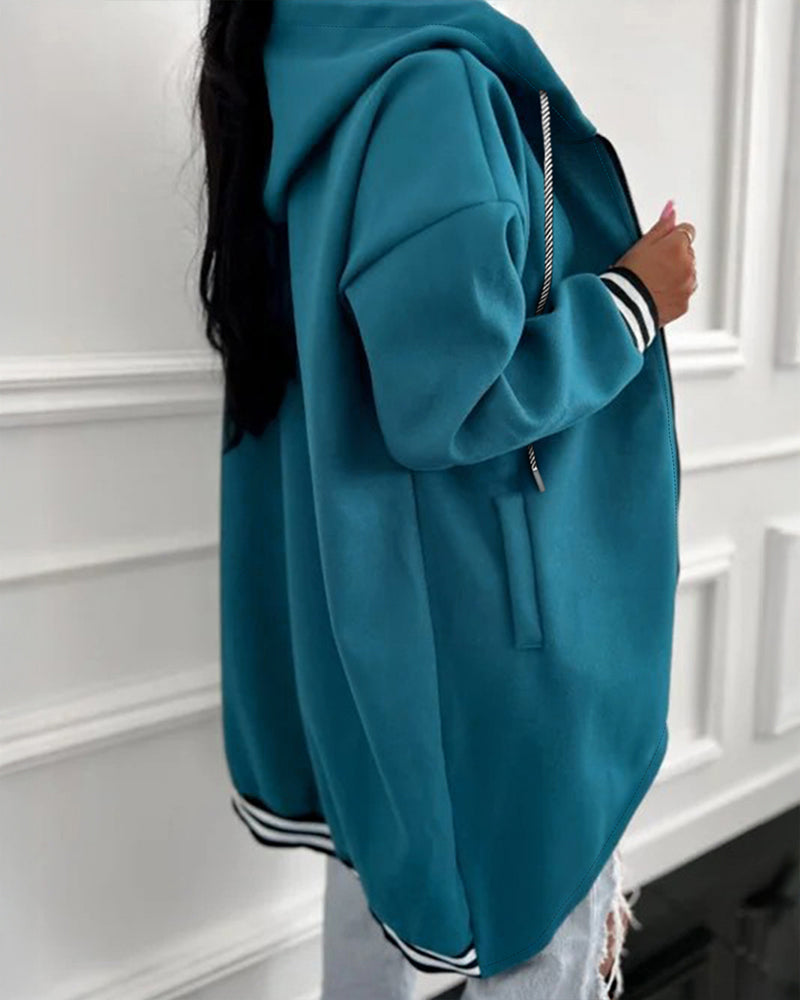 Striped Cuffs Pockets Design Zipper Front Drawstring Hoodie Jacket Casual Drop Shoulder Asymmetrical Hem Mid-length Coat - Image 7