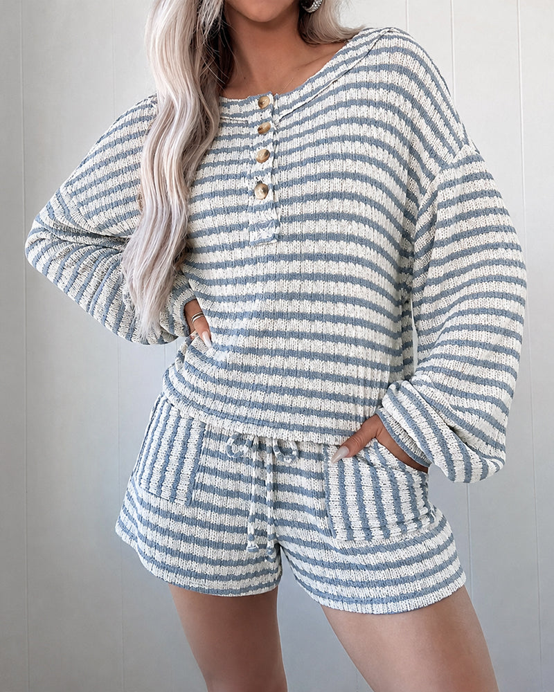 Women's Striped Two Piece Outfit Henley Lantern Sleeve Top and Drawstring Shorts Casual Lounge Set - Image 5