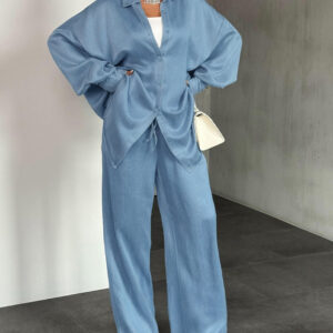2 Pieces Outfit Turn-down Collar Long Sleeve Button Front Curved Hem Top and Drawstring Elastic Waist Pants Set