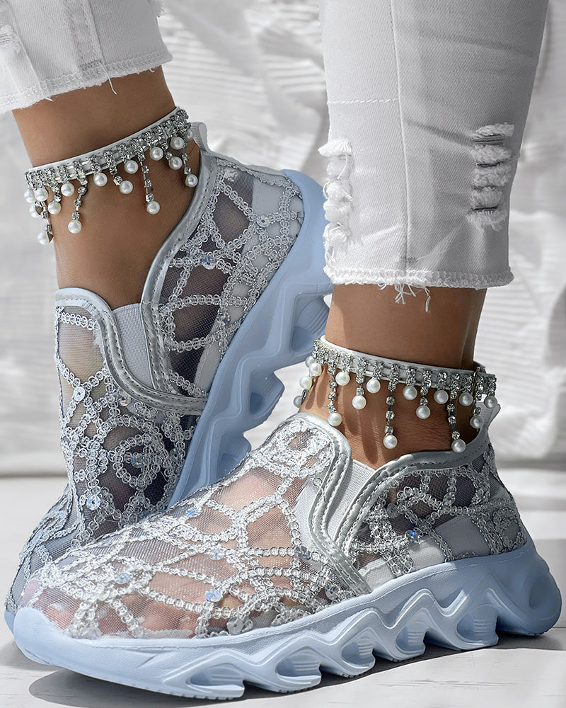 Contrast Sequin Sheer Mesh Patch Breathable Sneakers - Image 15