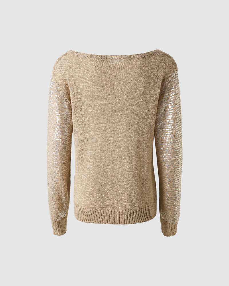 Women's Sequin Knit Sweater Loose Skew Neck Pullover Top Sheer Hollow Out Shimmering Long Sleeve Top - Image 6