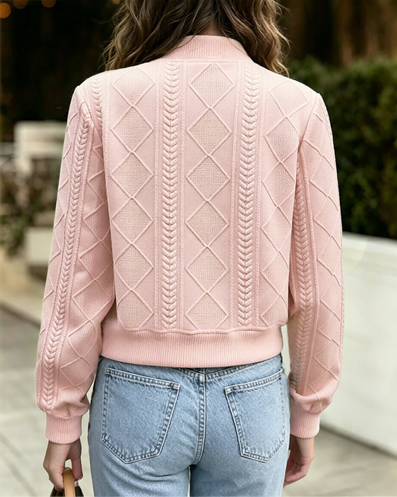 Women's Vintage Argyle Cable Knit Bomber Jacket Elegant Baseball Collar Button Down Cropped Coat with Flap Pockets - Image 7