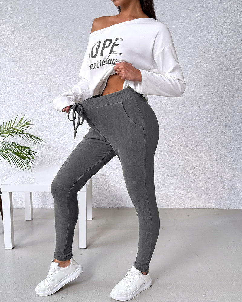 2 Pieces Outfit Nope. Not Today Slogan Print Skew Neck Long Sleeve Pullover Top And Casual Drawstring Stretchy Waist Slim Fit Pants Set - Image 19