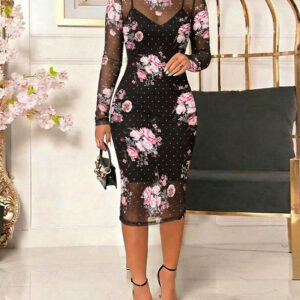 Women's 2 Piece Set Floral Print Mesh Midi Dress Rhinestone Sheer Long Sleeve Bodycon Dress with Cami Slip Dress