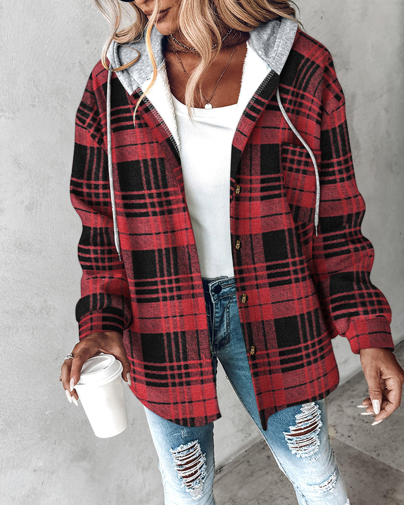 Plaid Print Button Front Pocket Design Drawstring Hoodie Jacket Casual Asymmetrical Hem Thermal Lined Warm Coat - Image 5