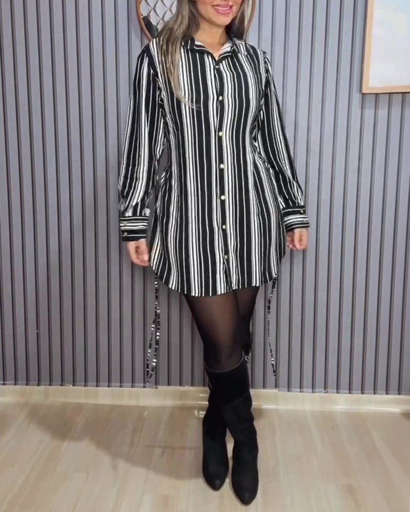 Women's Striped Shirt Dress Button Down Long Sleeve Shirred Waist Casual Dress - Image 10