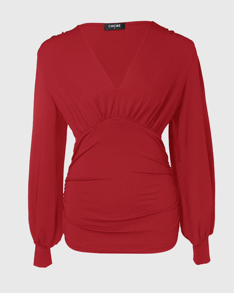 Deep V-Neck Lantern Sleeve Ruched Blouse Casual Slim Fit Top - Image 20