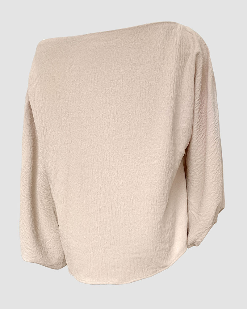 Women's French Style Off Shoulder Blouse Elegant Lantern Sleeve Top Versatile Skew Neck Textured Shirt - Image 6