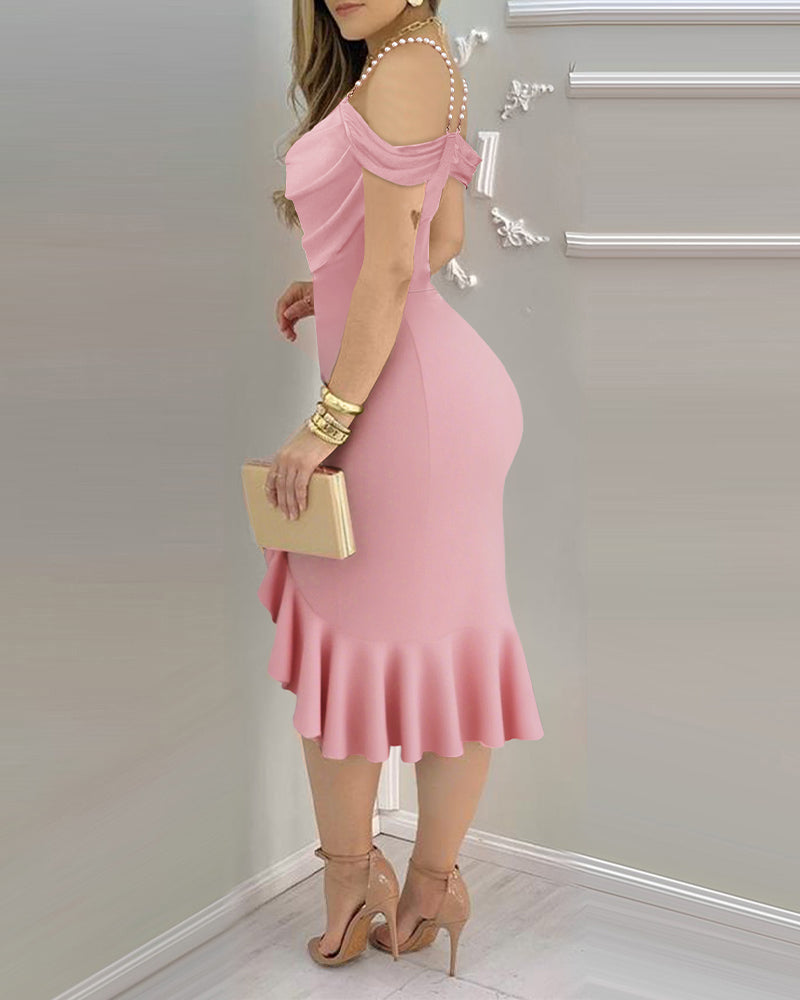 Women's Cold Shoulder Adjustable Pearls Straps Bodycon Dress Cowl Neck Asymmetrical Ruffle Hem Party Dress - Image 24