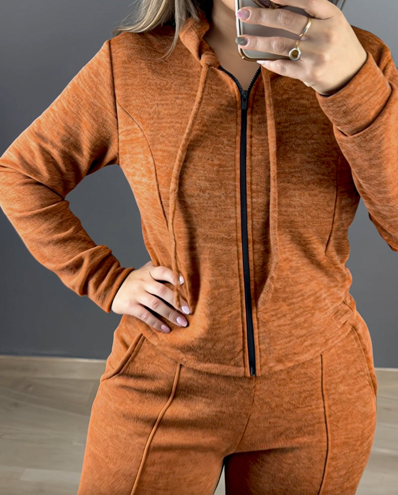 2 Pieces Outfit Long Sleeve Zip Up Drawstring Hoodie Coat and Casual Elastic Waist Seam Front Straight Leg Pants Set - Image 19