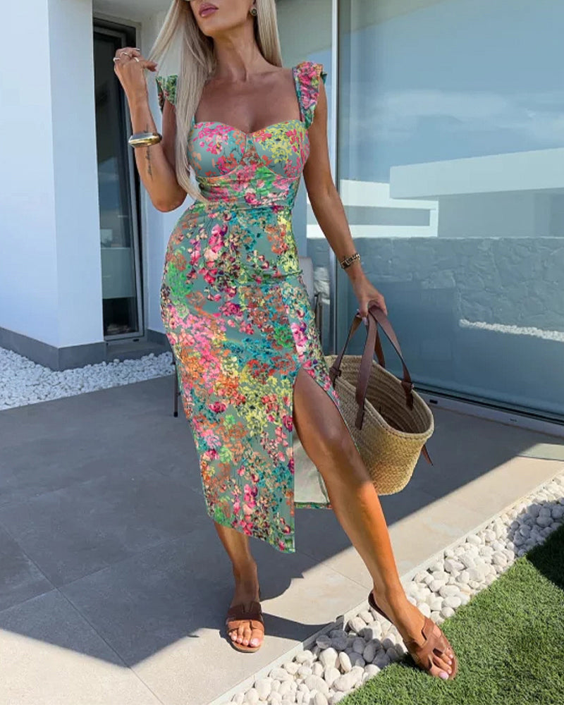 Women's Floral Sweetheart Neck Mid-length Dress Flutter Sleeve High Slit Bodycon Summer Vacation Dress - Image 5