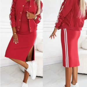 Women's 3 Piece Tracksuit Set Baseball Collar Jacket and Slim Fit Side Slit Skirt with Ribbed Tank Top