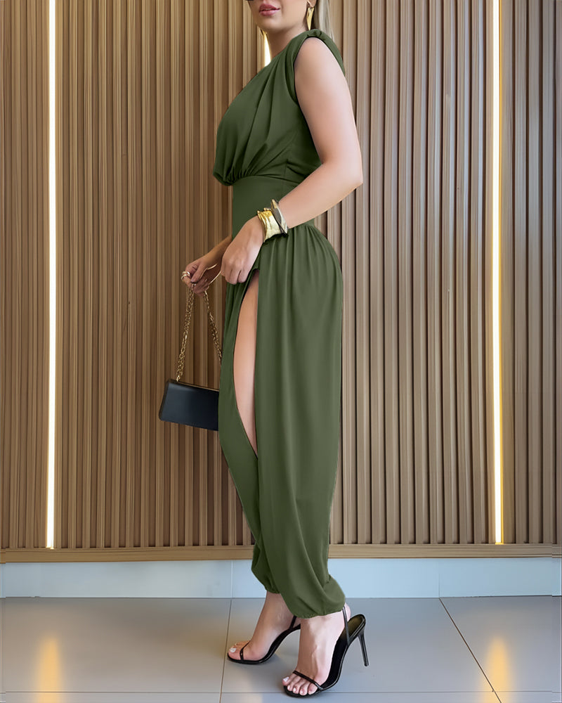 Padded Shoulders Sleeveless Cinched Waist Side High Slit Overalls Casual Hollow-out Back Ruched Jumpsuit - Image 7