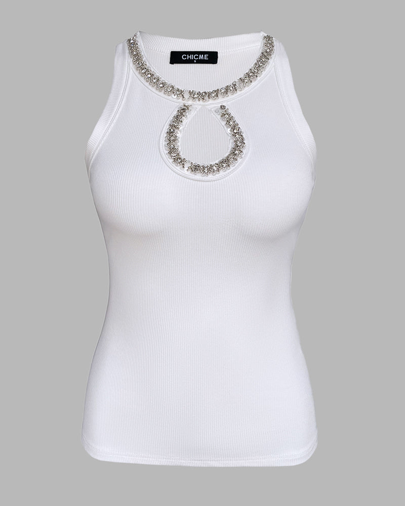 Rhinestone Contrast Sequin Keyhole Neck Sleeveless Slim Fit Elasticity Ribbed Top Elegant Tank - Image 14