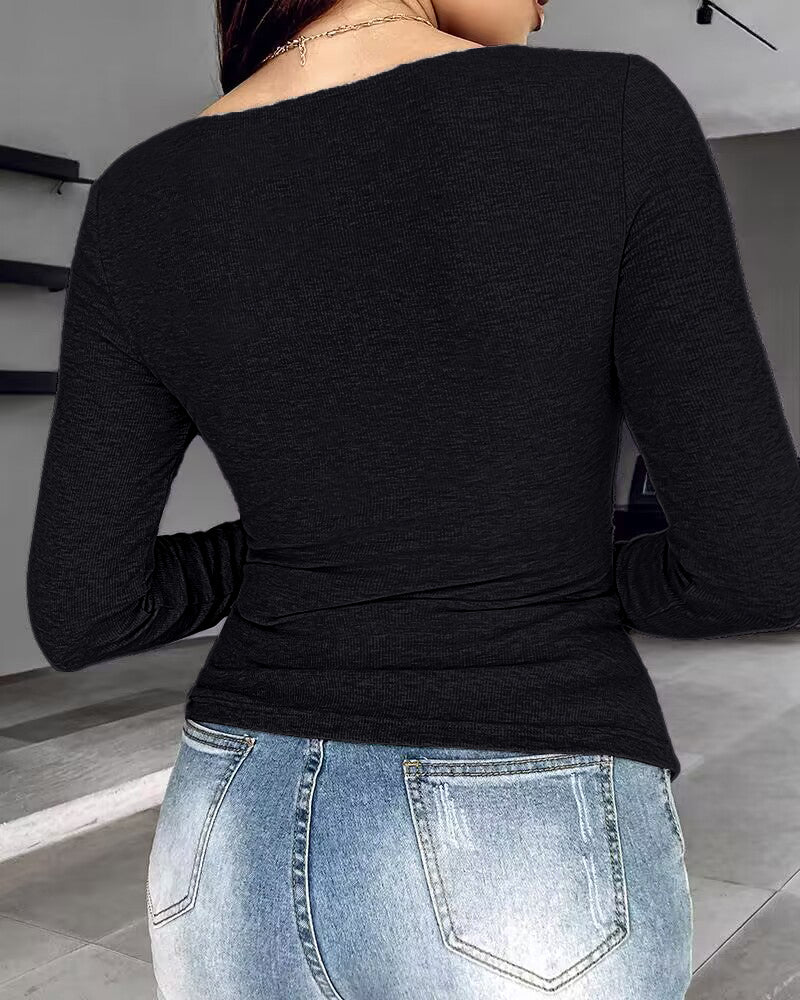 Chicme Built In Bra Notch Neck Long Sleeve Shirts Rib Knit Ruched Waist Top - Image 8
