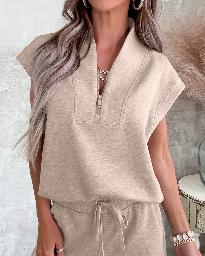 Women's 2 Piece Set Half Zip Cap Sleeve Top and Drawstring Straight Leg Pants Casual Loungewear - Image 4
