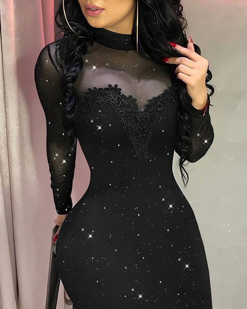 Glitter Long Sleeve Mock Neck Sheer Mesh Patch Bodycon Dress Night Out Party Mini Dress - Image 3
