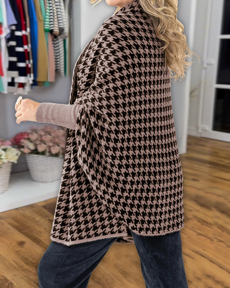 Houndstooth Print Versatile Loose Fit Sweater Coat Casual Warm Cape Shawl - Image 8