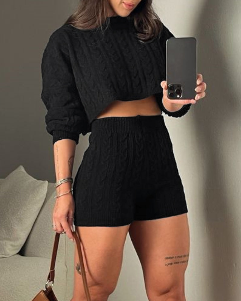 2 Piece Crewneck Long Sleeve Cable Knit Crop Sweater High Waist Shorts Tracksuits Outfits - Image 15