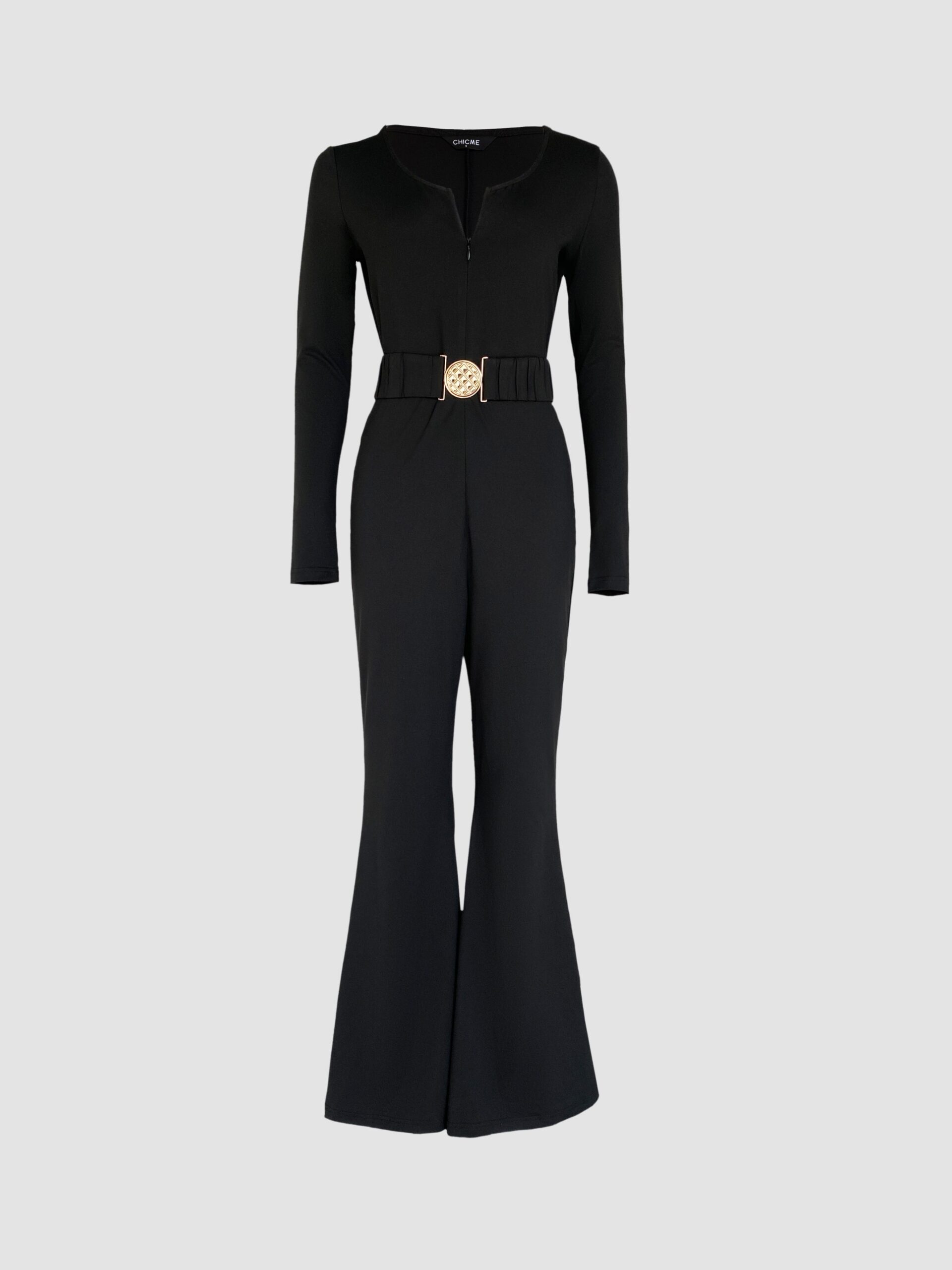 U-Neck Zipper Front Long Sleeve Slim Fit Flared Jumpsuit with Belt - Image 4