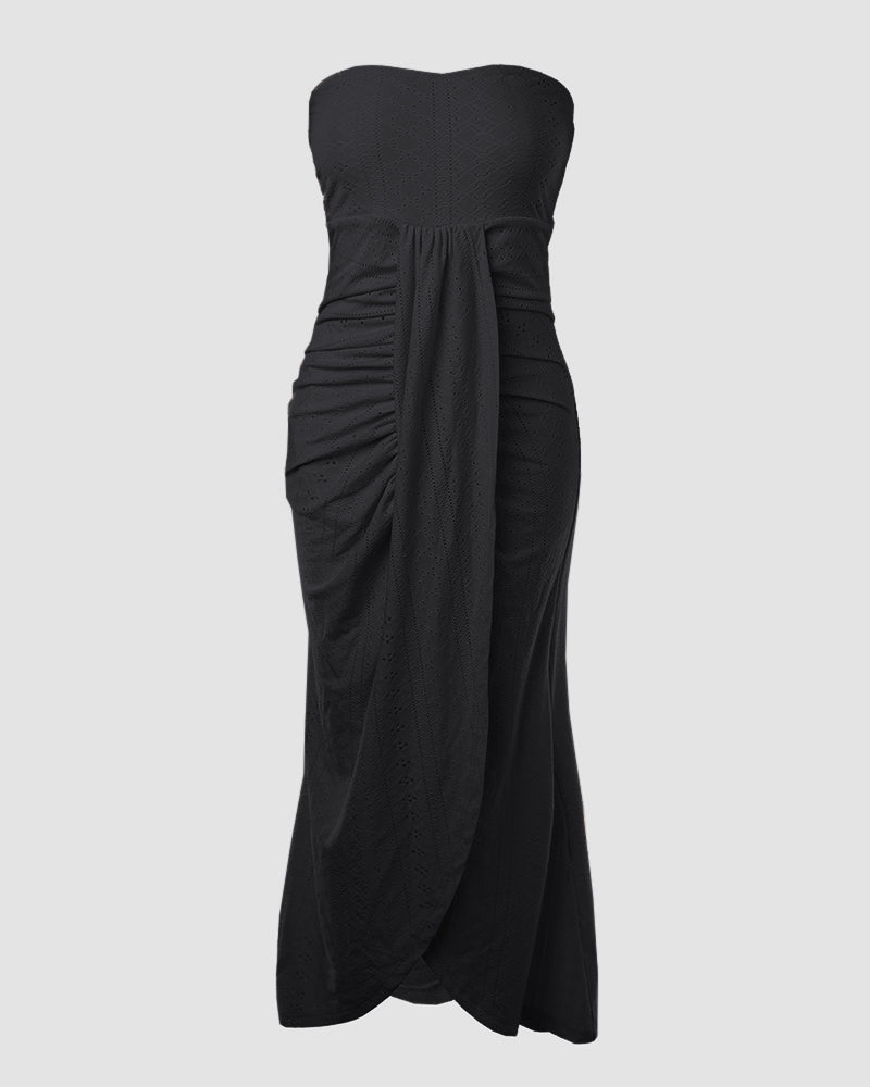 Sleeveless Ruched Cinched Waist Draped Bandeau Dress Eyelet Embroidery Slit Asymmetrical Hem Vacation Dress - Image 19