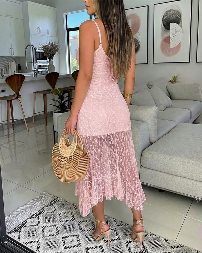 V-Neck Adjustable Spaghetti Straps Tie Front Asymmetrical Hem Dress Casual Hollow-out Front Backless Textured Lace Overlay Party Dress - Image 7