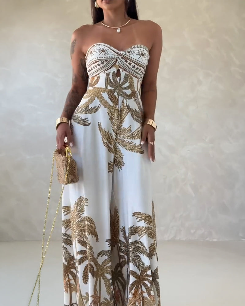 Palm Tree Print Bandeau Twist Front Backless Tie Back Overalls Casual Hollow-out Front Wide Leg Jumpsuit - Image 3