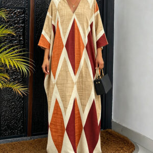 Women's Oversized Argyle Kaftan Maxi Dress V Neck Batwing Sleeve Hollow-out Beach Robe Long Dress with Pockets