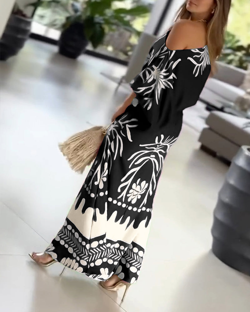 2 Pieces Outfit Skew Neck Lantern Sleeve Loose Fit Top and High Waist Elastic Waist Fishtail Maxi Skirt Set Casual Tropical Print Vacation Set - Image 13