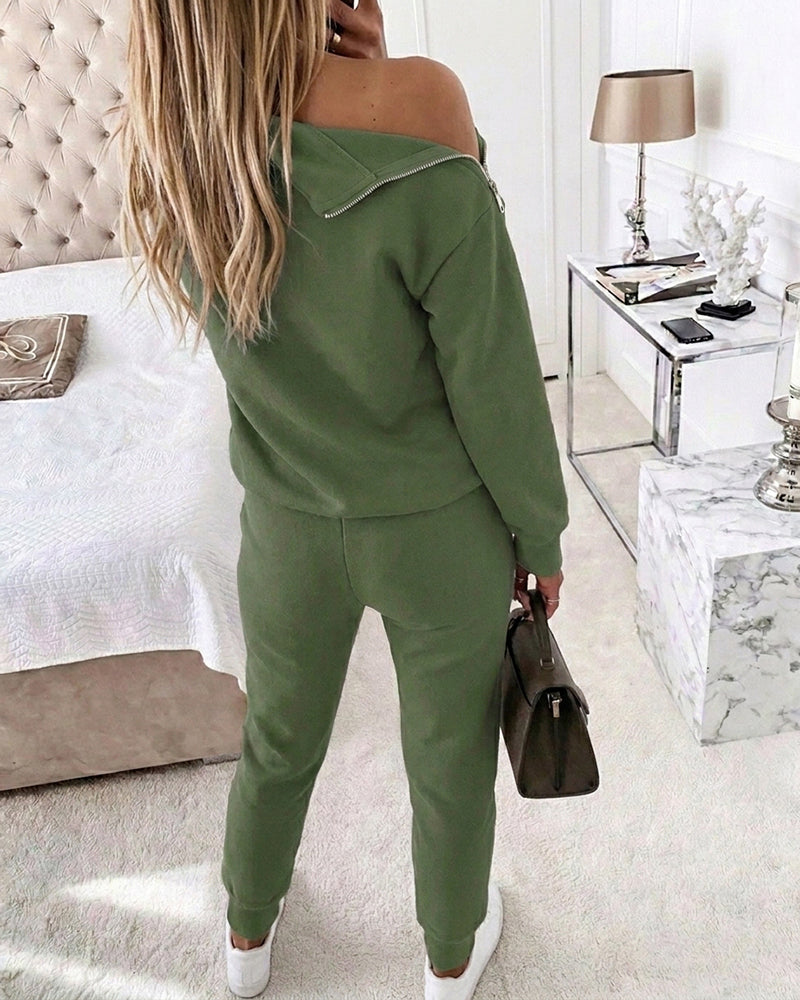 Women's 2 Piece Sweatsuit Outfits Zipper Mock Neck Sweatshirt and Joggers Pants Set Casual Loungewear with Pockets - Image 2