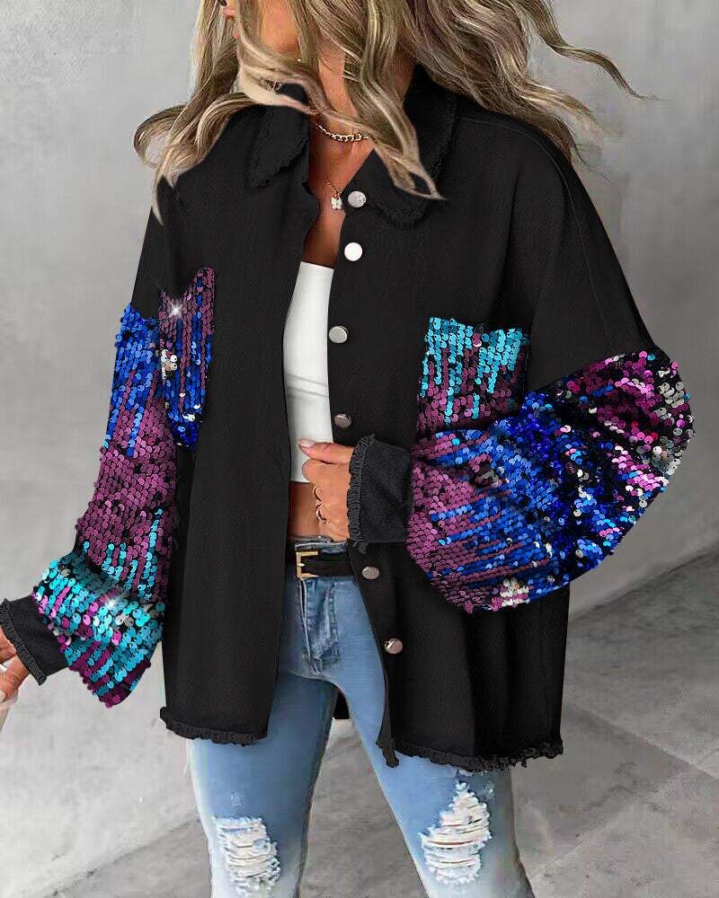 Colorblock Sequin Patchwork Long Sleeve Jacket Top Button Front Raw Hem Shacket - Image 3