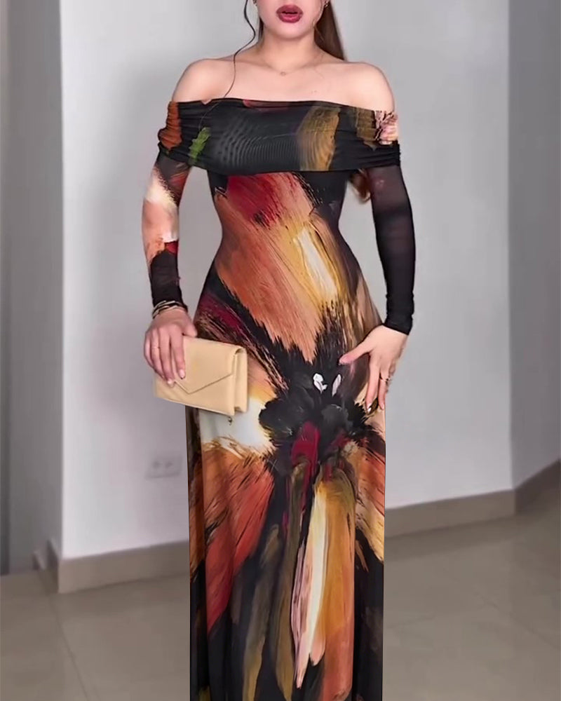 Women's Oil Painting Print Foldover Off-Shoulder Mesh Overlay Maxi Dress Long SleeveRuched Mermaid Long Dress - Image 5