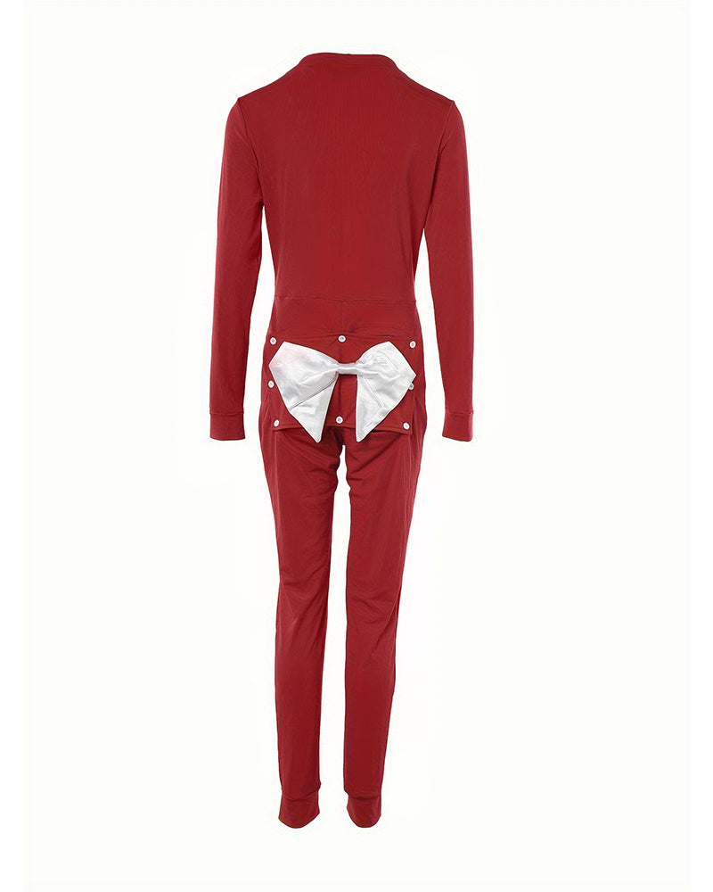 Plunge Long Sleeve Bowknot Decor Functional Onesie - Image 4