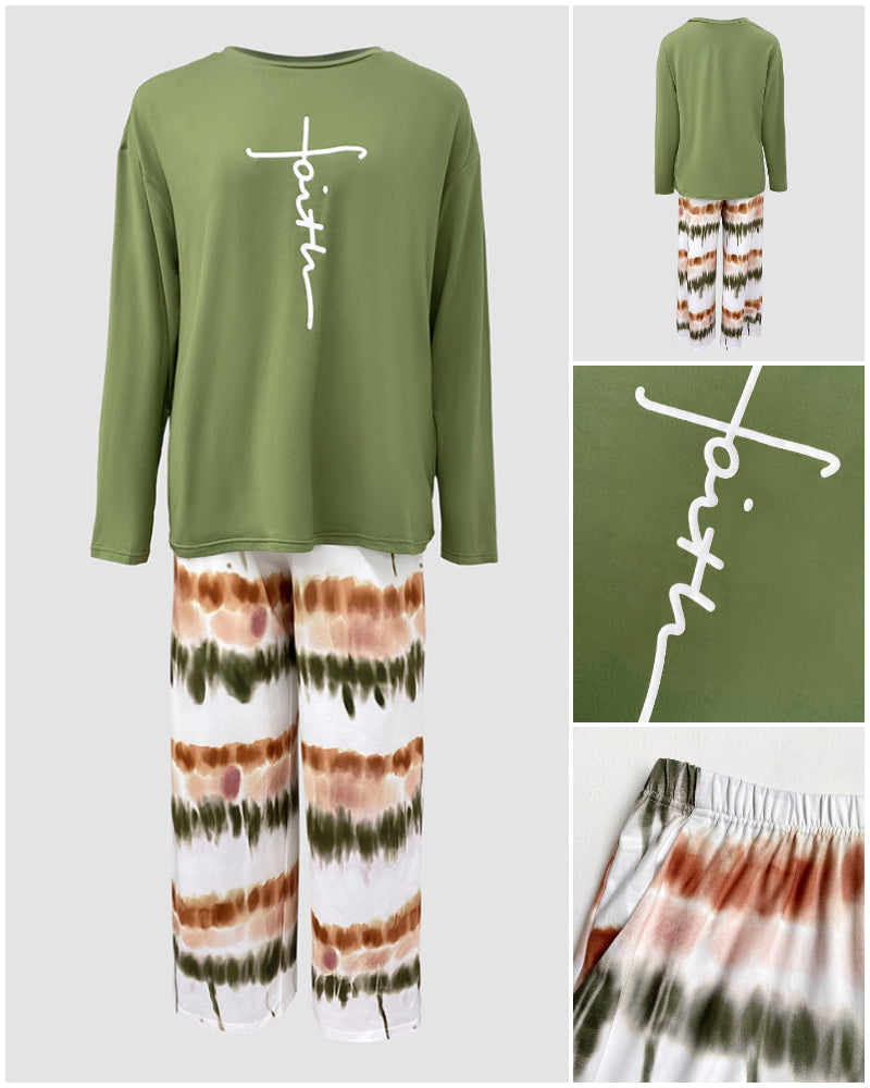 2 Pieces Outfit Letter Print Long Sleeve Top and Tie Dye Print Elastic Waist Pants Set Casual Pajamas Set - Image 7