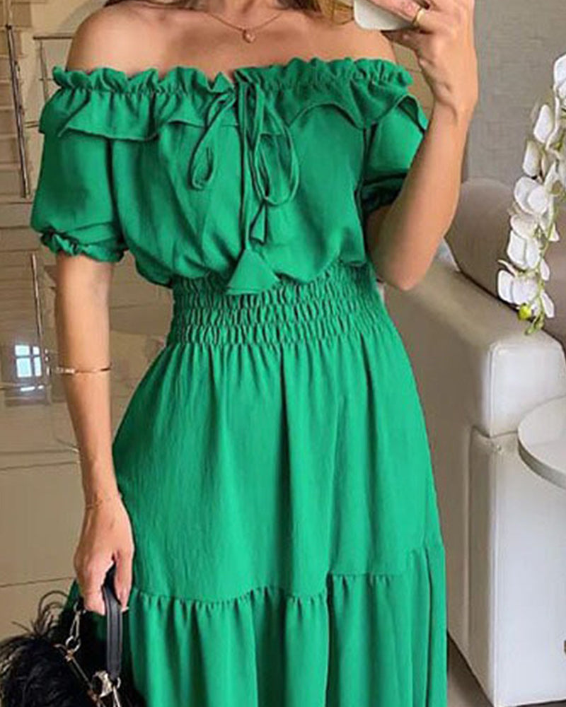 Off Shoulder Short Sleeve Frill Hem Lace Up Dress Casual Strechy Waist Flared Maxi Dress - Image 3