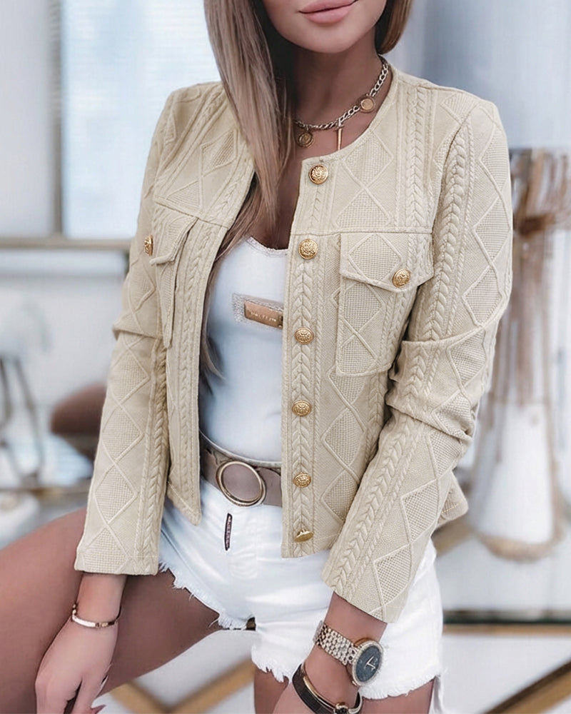 Women's French Style Cropped Jacket Round Neck Gold Button Coat Argyle Cable Jacquard Knit Outerwear - Image 4