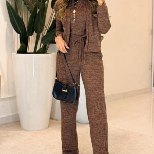 Women's 3-Piece Lounge Set Long Sleeve Open Front Coat and High-Waisted Straight-Leg Pants with Tank Top