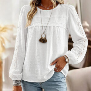 Women's Hollow-Out Lace Spliced Lantern Sleeve Top Elegant 3D Jacquard Chiffon Blouse for Work and Daily Wear