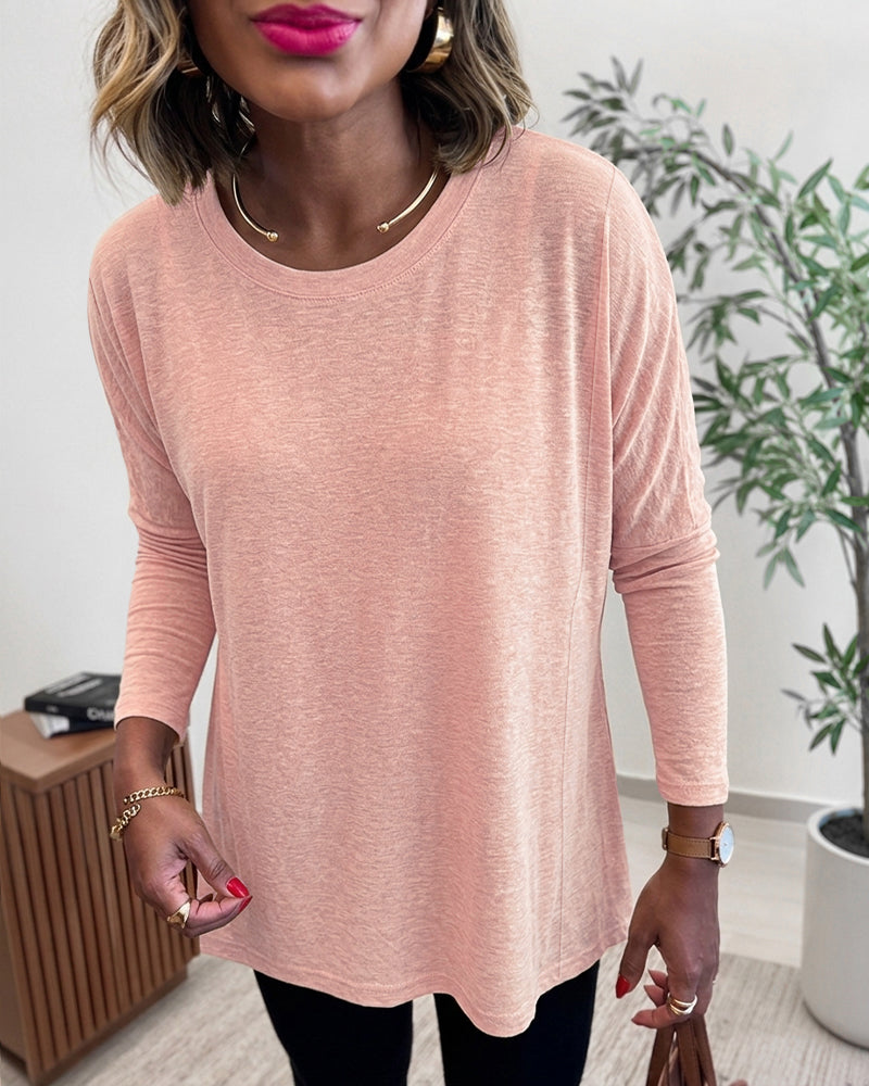 Women's Asymmetric Hem Long Sleeve Top Loose Fit Dropped Shoulder Crewneck Soft Slouchy Casual Tee - Image 11