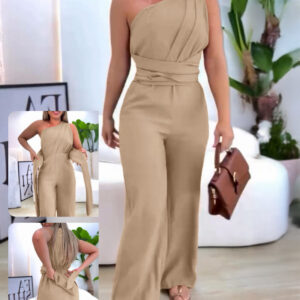 One Shoulder Sleeveless Ruched Cinched Waist Zipper Side Overalls Tied Detail Elastic Waist Wide Leg Jumpsuit